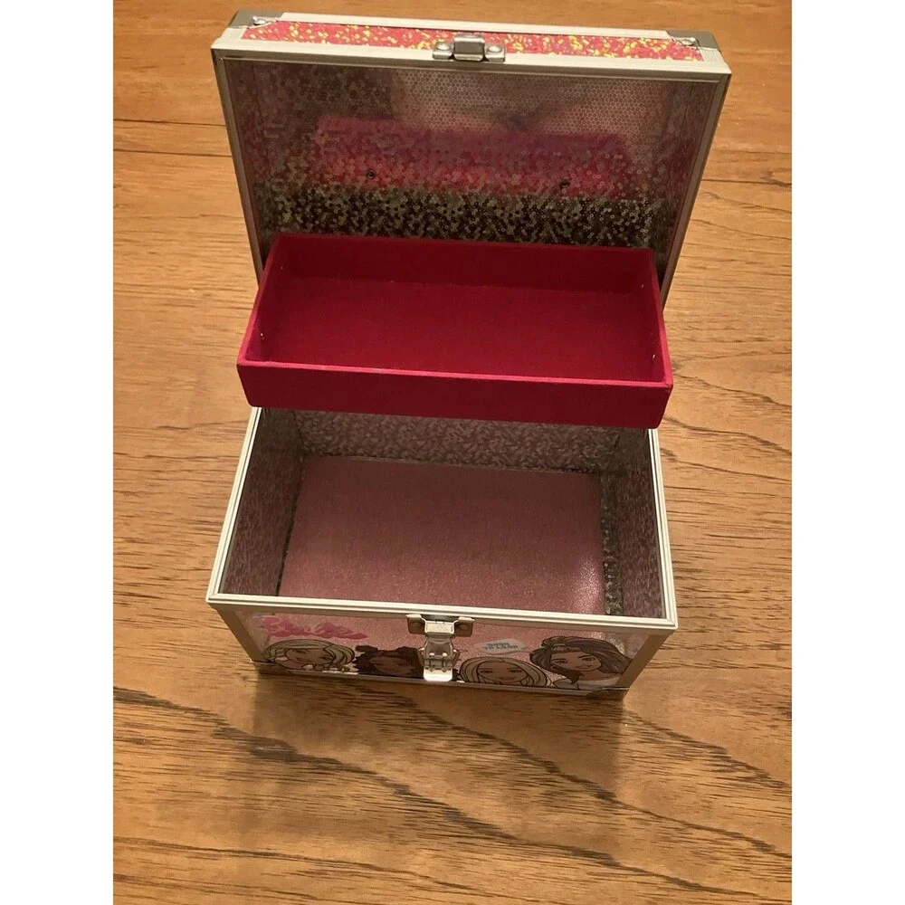 Barbie Metal Jewelry Box Silver/Pink Rectangular Carry Case w/ Handle Latch